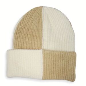 Women's Y2K Oversized Chunky Tan and Cream Colorblock Knit Beanie